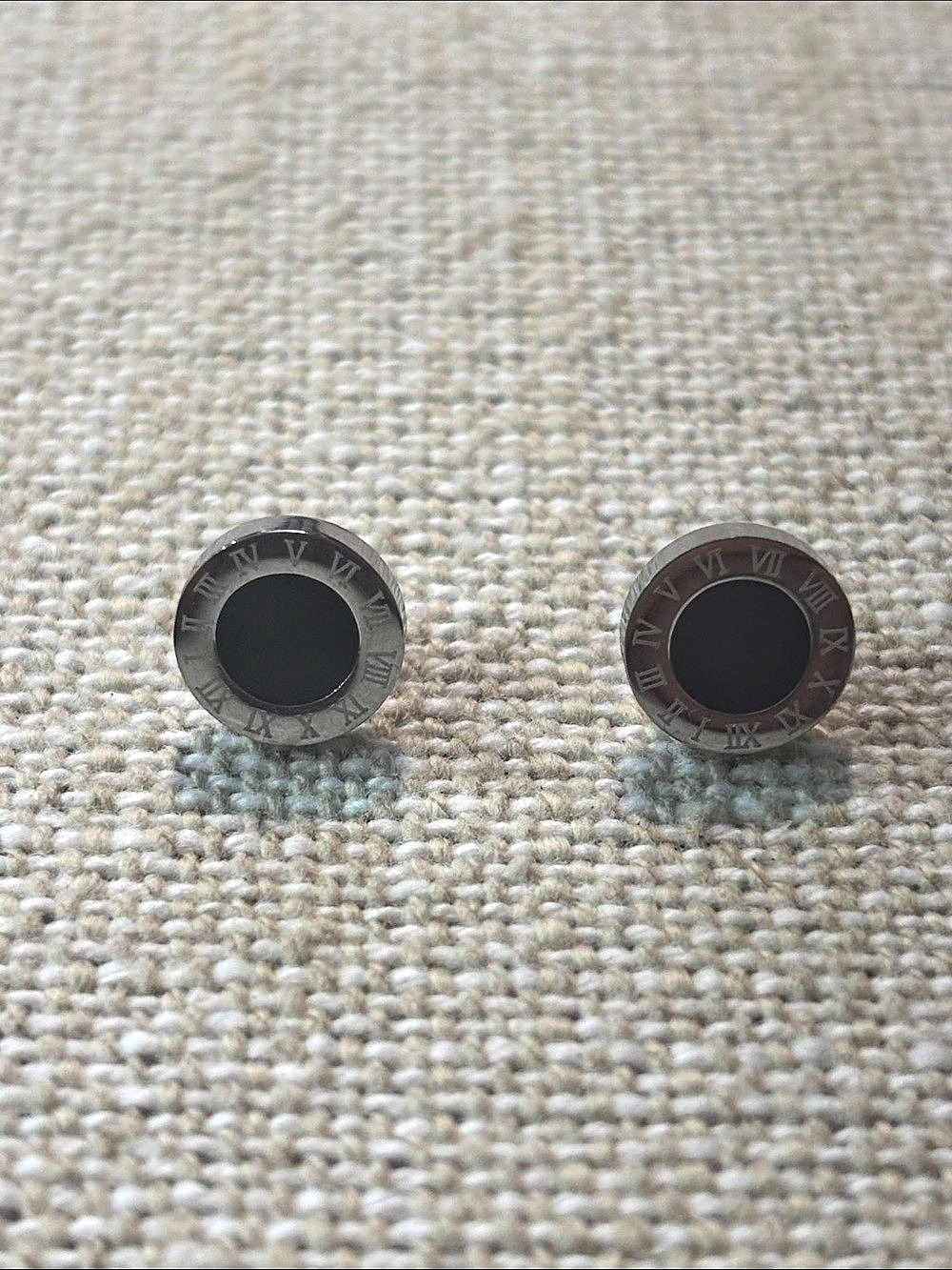 Engraved Roman Numeral Disc Earrings in Black & Brown